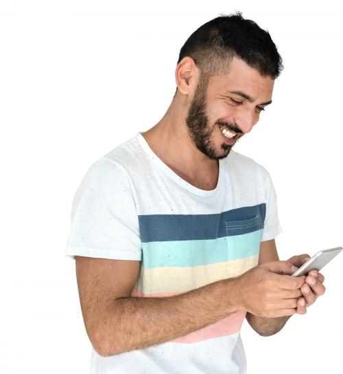Middle Eastern Man Smiling Happiness Mobile Phone Studio Portrait - 7431