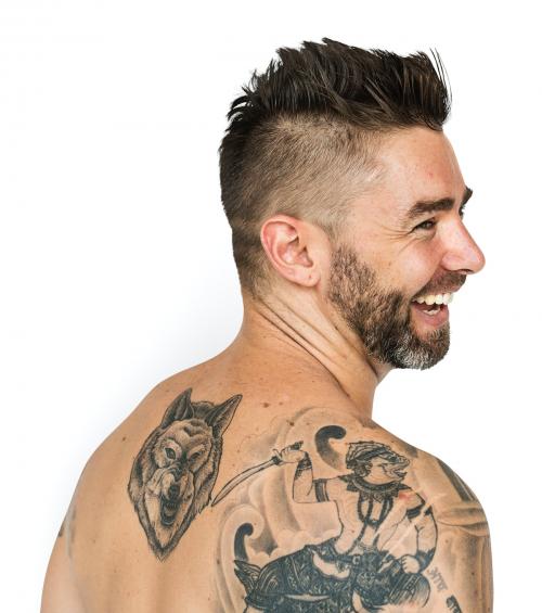 Caucasian Man Back Tattoo Smiling - 7502