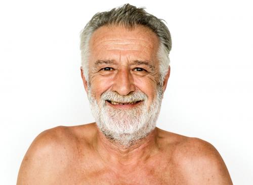 Senior adult man mustache smiling bare chest studio portrait - 7611