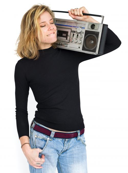 Woman listening to music from a boombox - 6888