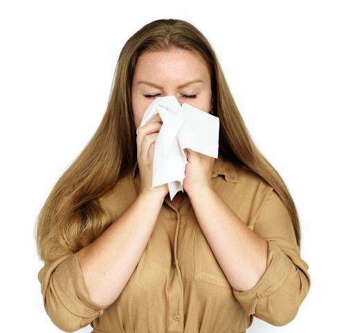 Caucasian Woman Sneezing Crying Tissue - 7043
