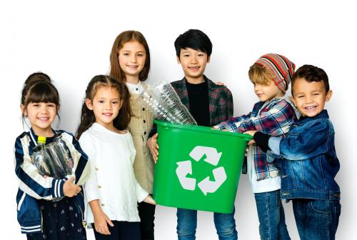 Group of Kids Holding Trash with Recycle Symbol on White Blackground - 7094