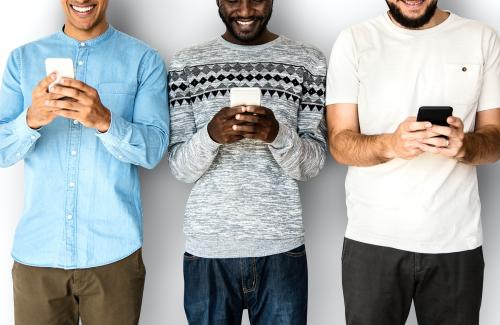 Happiness group of men smiling and conneted by mobile phone - 7100