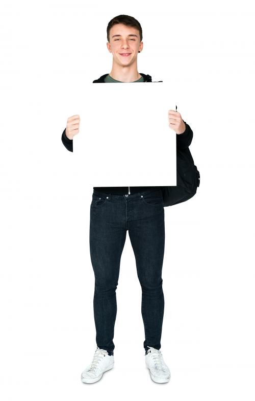 Young adult man holding blank banner - 6392