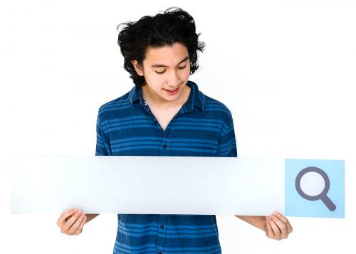 Young adult asian man holding blank searching banner - 6419