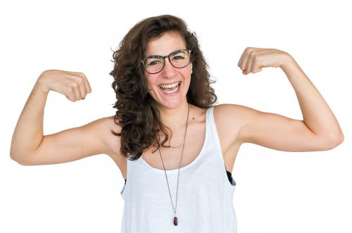 Happy woman showing off her muscles - 6595