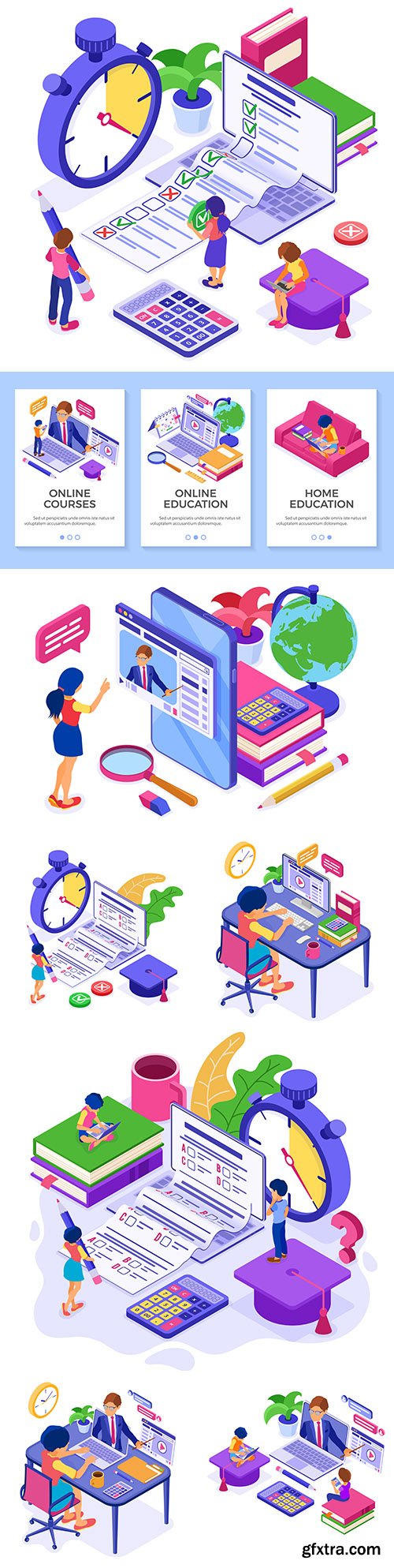 Online distance learning from home isometric illustrations