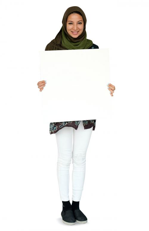 Woman standing and holding banner - 6067