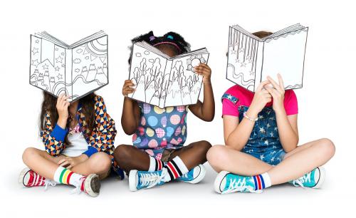 Children Girlfriends Reading Book Education Togetherness Studio Portrait - 4968