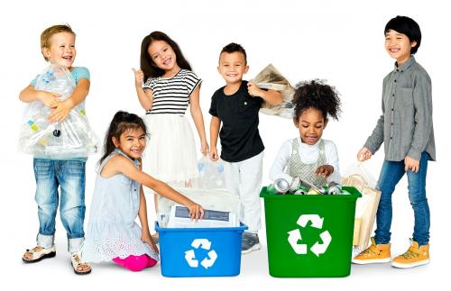 Group of diverse cheerful kids separating recyclable objects - 5149