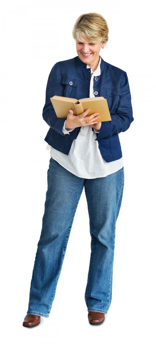 Casual adult woman standing reading a book - 4582