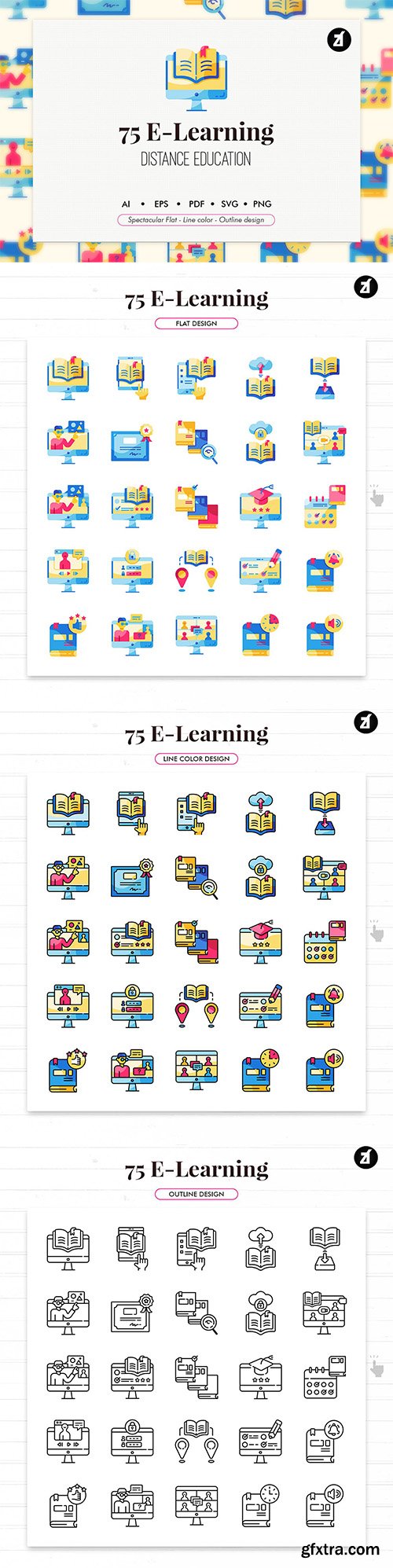 75 E-Learning elements icon pack