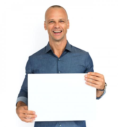Smiling guy holding a blank placard - 5840