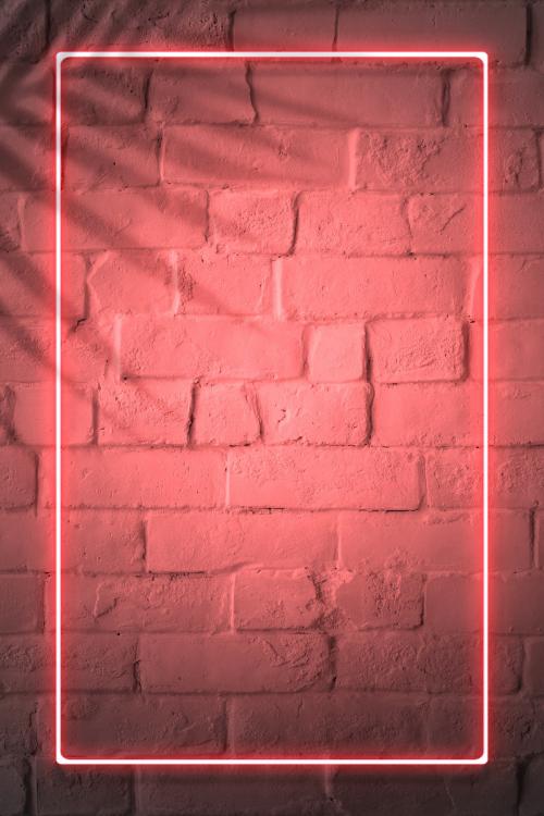 Red neon lights frame on a white brick wall mockup - 1223346