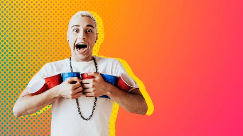 Cheerful young man holding cups with gradient background - 1225192