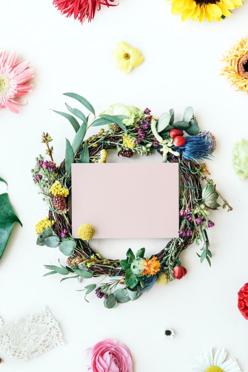 Botanical wreath with a pink card mockup - 1210174