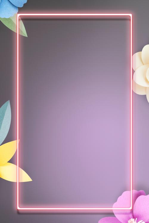 Flower decorated neon frame on gray wall mockup - 2105414