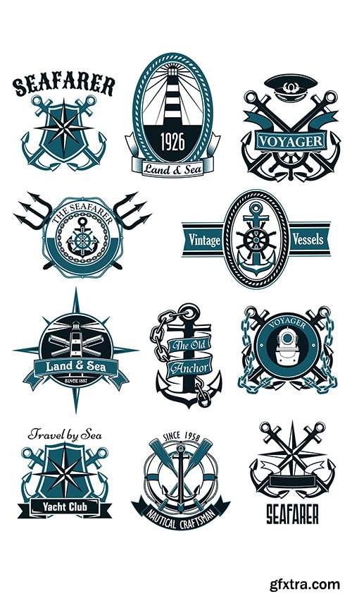 Antique sea badges and emblems with marine design
