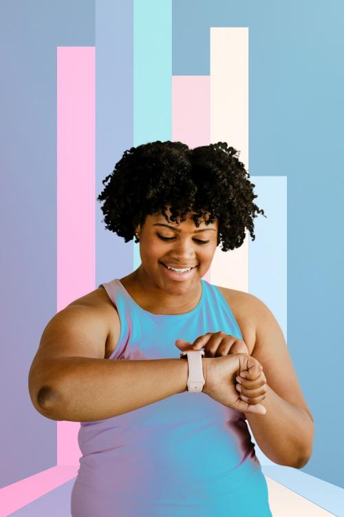 Happy active African American woman using a smartwatch mockup - 2007832