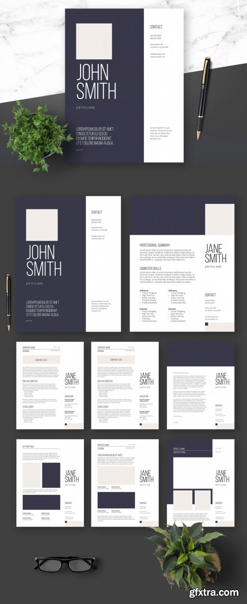 Resume Cover Letter and Portfolio Layout with Navy Blue Elements 364521006