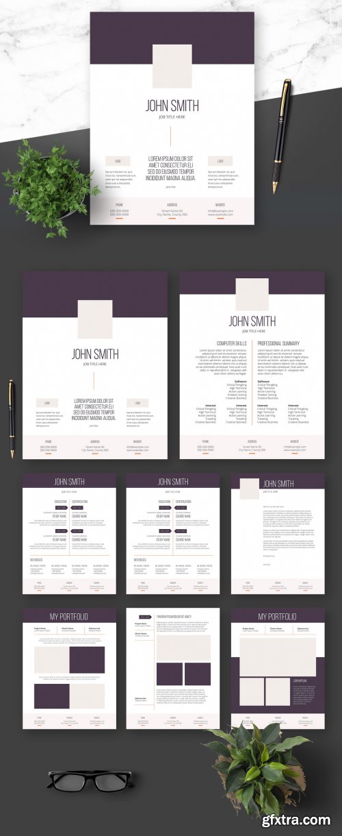 Resume Cover Letter and Portfolio Layout with Dark Pruple Elements 364521012