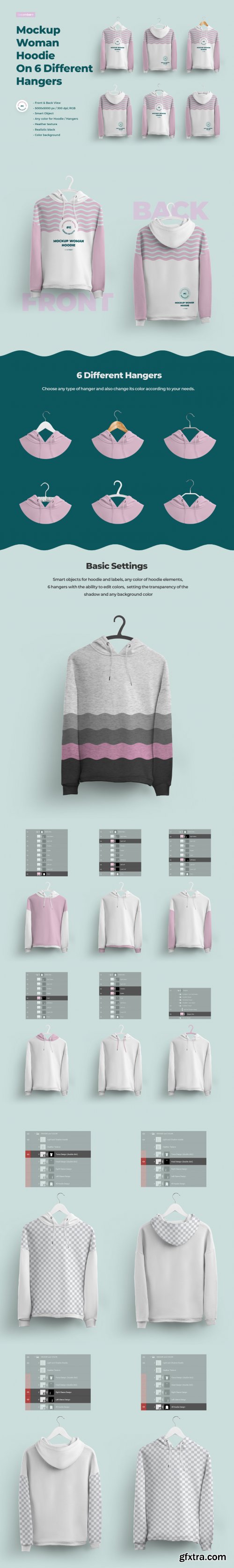Front and Back Woman Hoodie Mockup On 6 different hangers