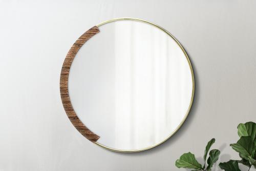 Circular mirror with a wooden backdrop with fiddle-leaf fig mockup - 2036776