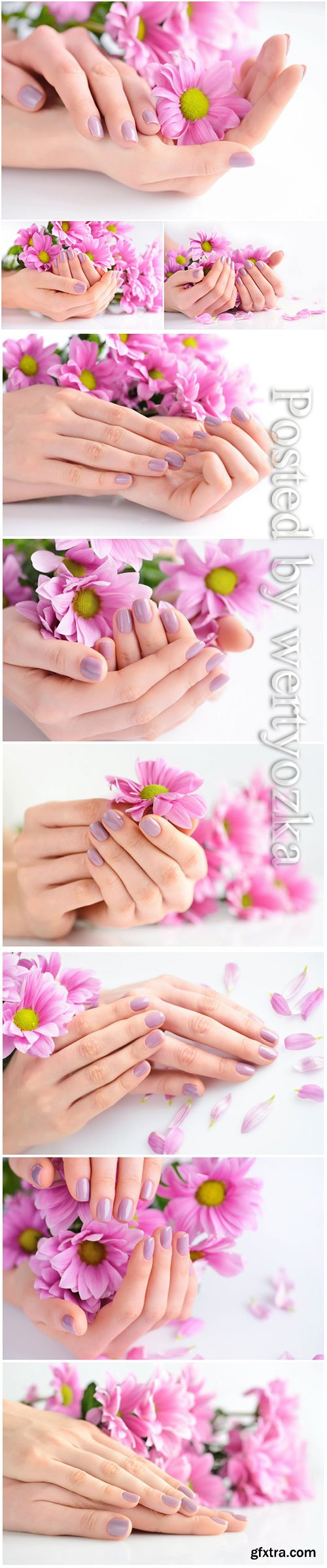 Beautiful manicure, hands with flowers