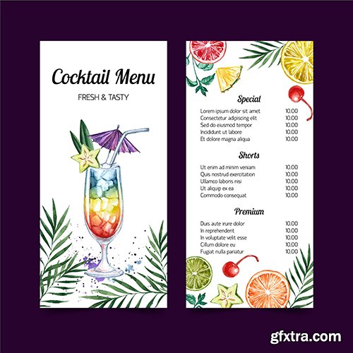Cocktail menu watercolor template design