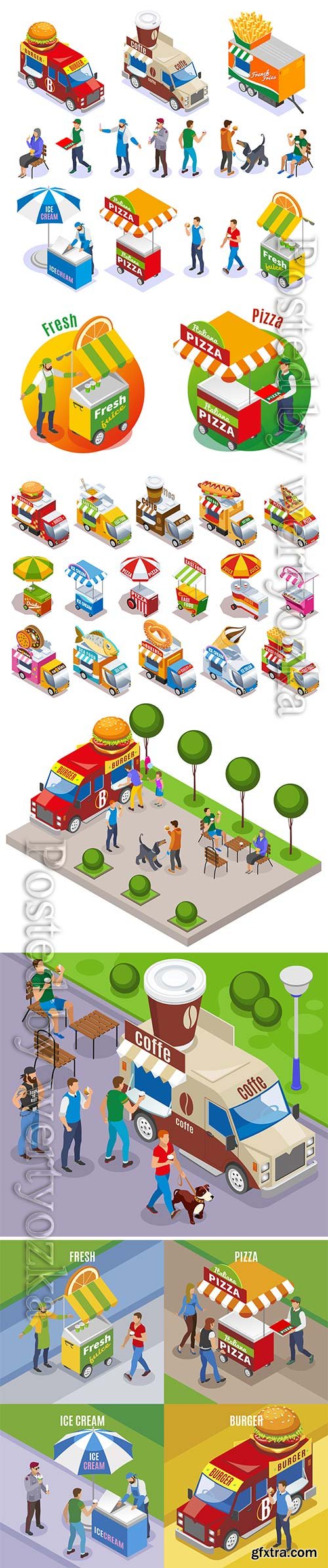 Street food carts and vehicle sellers and customers isometric icons set