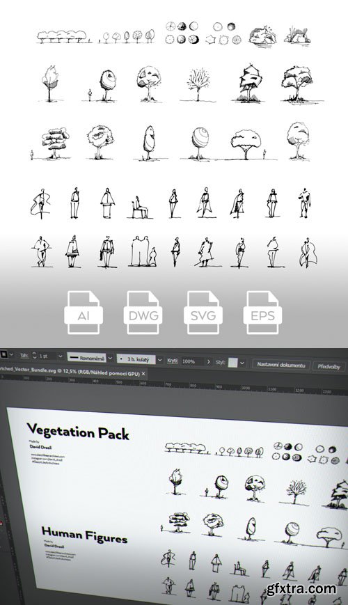 Hand-Sketched Vector Pack - Vegetation & Human Figures (+AutoCAD drawing DWG)