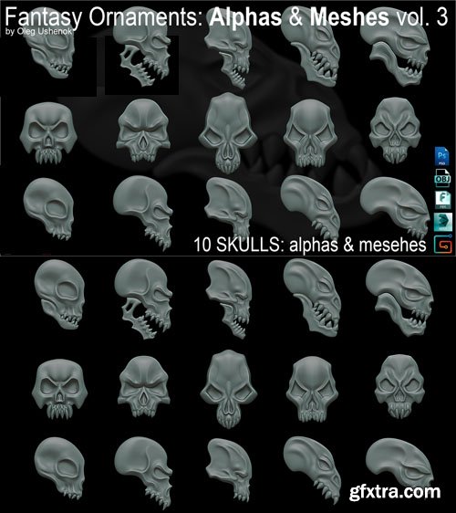 Fantasy Ornaments - 10 Skulls - Alphas & Meshes Vol.3