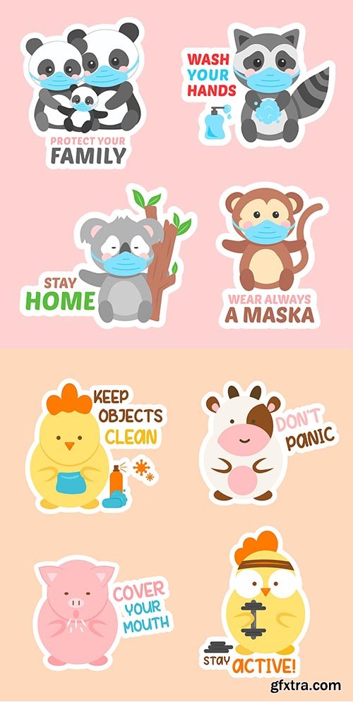 Coronavirus Concept Stickers with Cute Animals