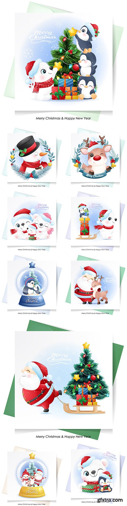 Cute Santa Claus, deer and snowman for Christmas with watercolor card