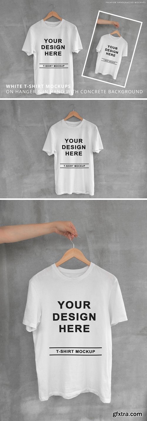 White T-Shirt on Hanger with Concrete Background