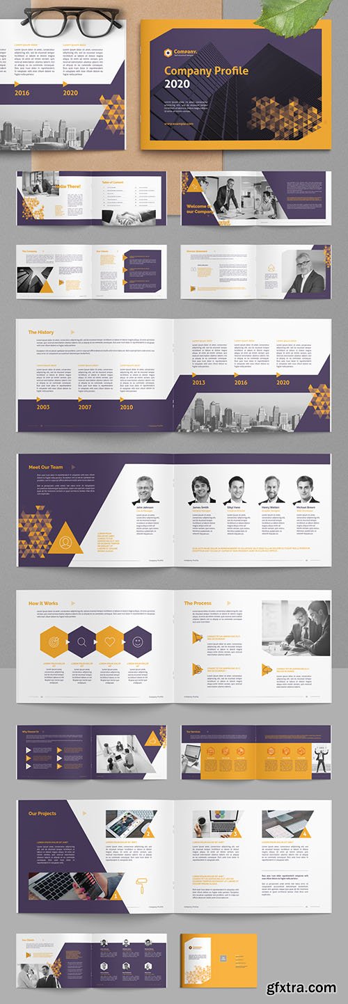 Company Profile Brochure Layout with Yellow Gradient Triangle Elements 383380392