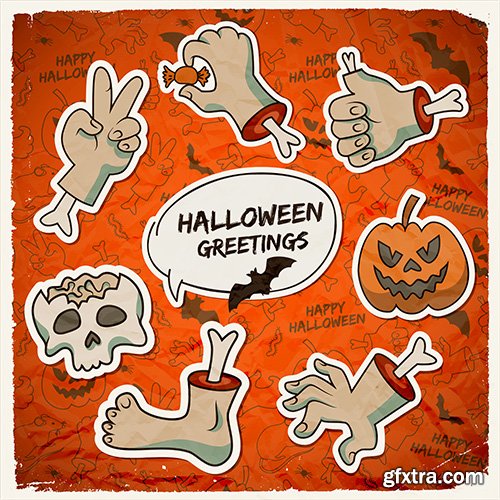 Trick or Treat halloween template with paper zombie arms gestures pumpkin skull