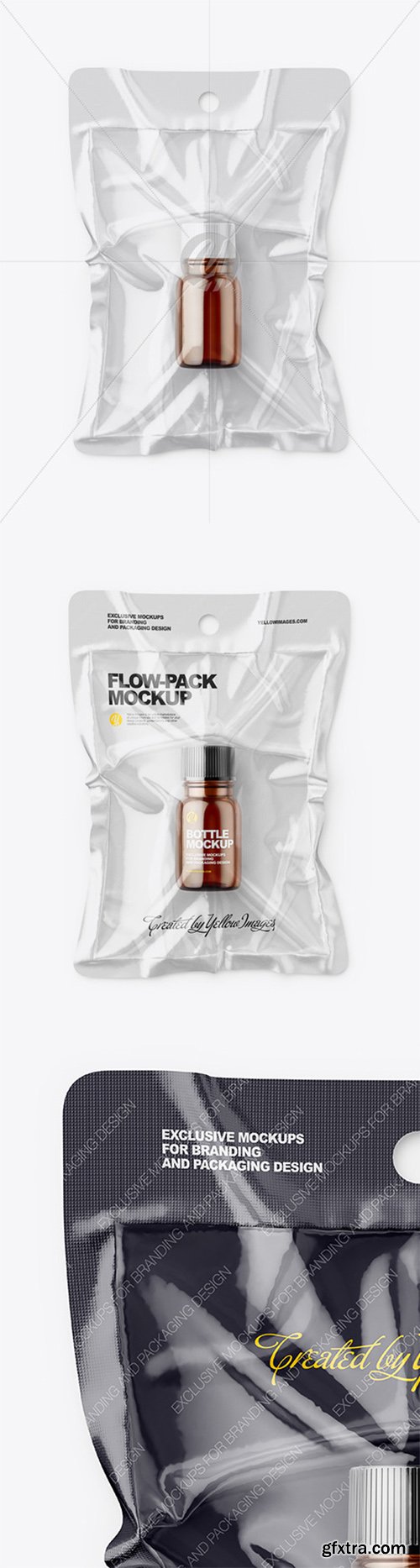 Vacuum Flow-Pack With Small Amber Glass Bottle Mockup - Top View 68364