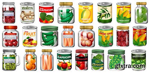 Set of different canned food and jars