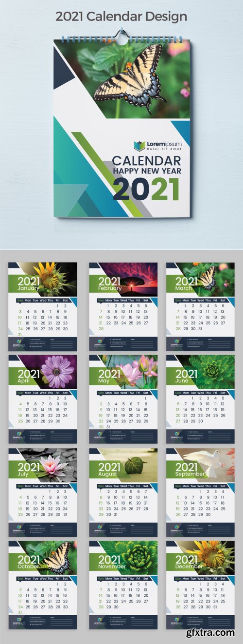 Calendar 2021 with Blue Abstract Layout Design 383387804