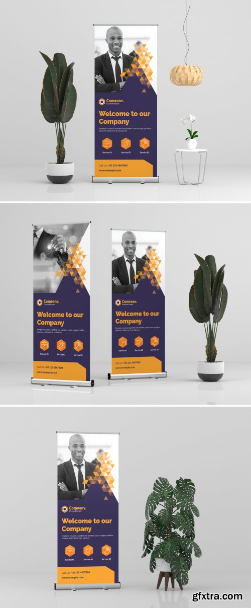 Roll-Up Banner Layout with Yellow Gradient Triangle Elements 383380461