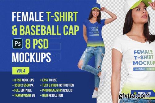 CreativeMarket - Female T-Shirt & Baseball Cap Mockup 5336844