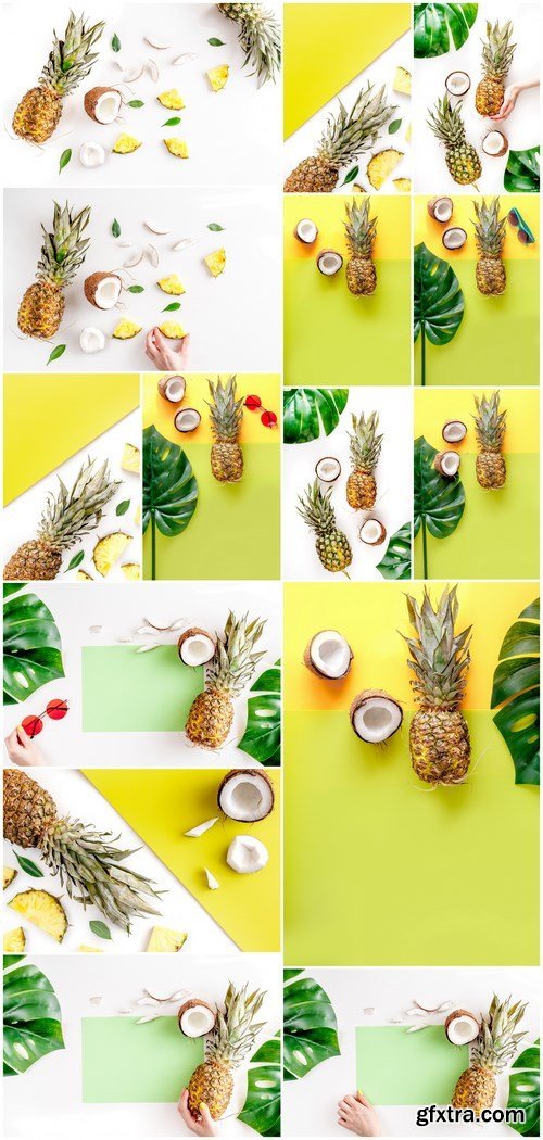 Summer mix with pineapple and coconut white background top view mockup - 15xHQ JPEG