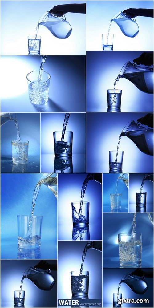 Pour water from pitcher into glass, on dark blue background - 15xHQ JPEG