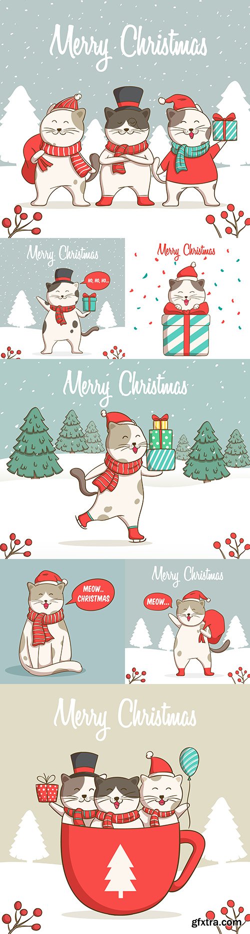 Fun Christmas illustrations of cute cats hand drawing