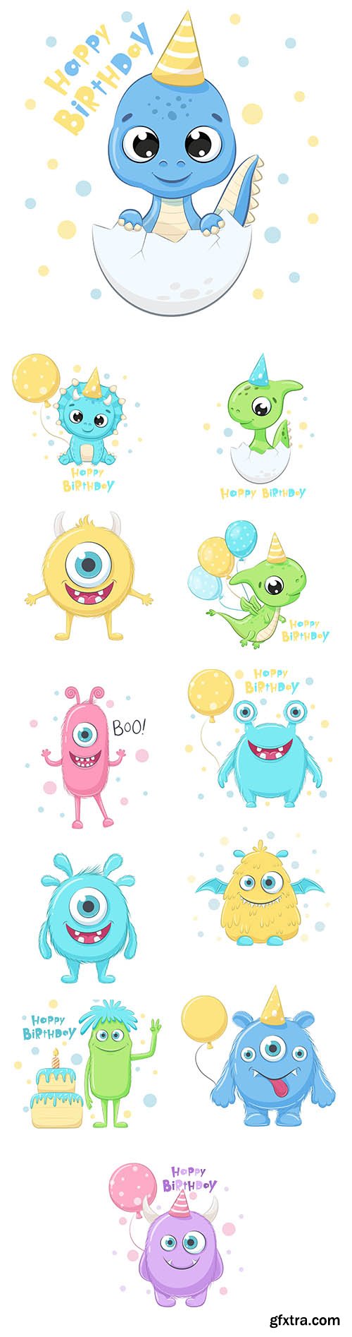 Cute dinosaur with phrase happy birthday and monsters illustration