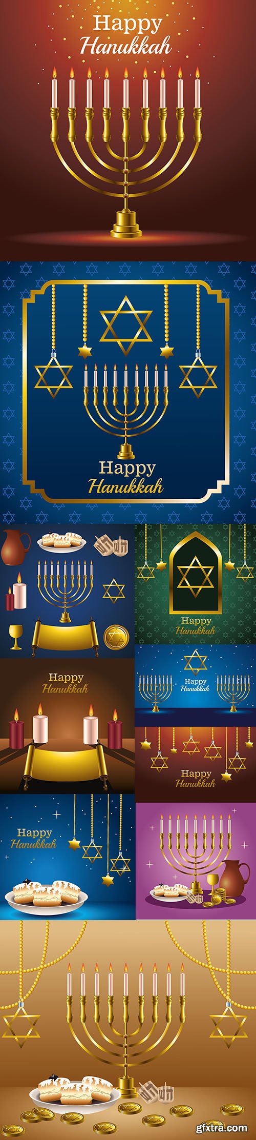 Happy hanukkah celebration card with golden stars hanging vector illustration