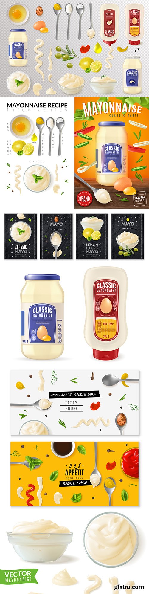 Realistic illustrations of glass can mayonnaise and recipe