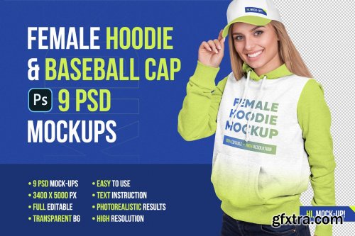 CreativeMarket - Female Hoodie & Baseball Cap Mockup 5336872