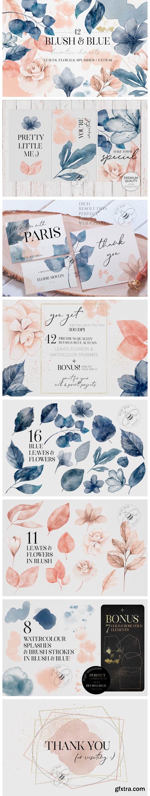Blush and Blue Leaves Florals Watercolor 6945977